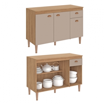 1800T <br> Balcão com tampo 120cm, com prateleira, 3 portas e 1 gaveta com corrediça telescópica. <br> 860mm x 1200mm x 520mm